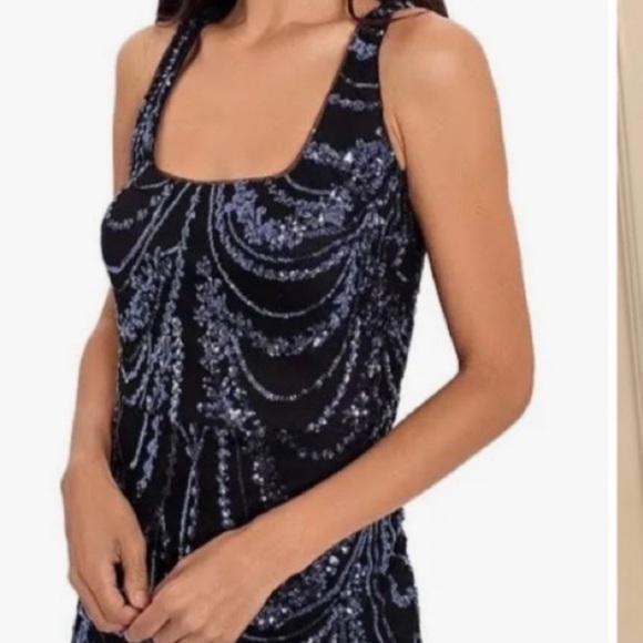Betsy & Adam Sequined Square Neck Sleeveless Split Hem Gown in Navy/Silver - Picture 2 of 7